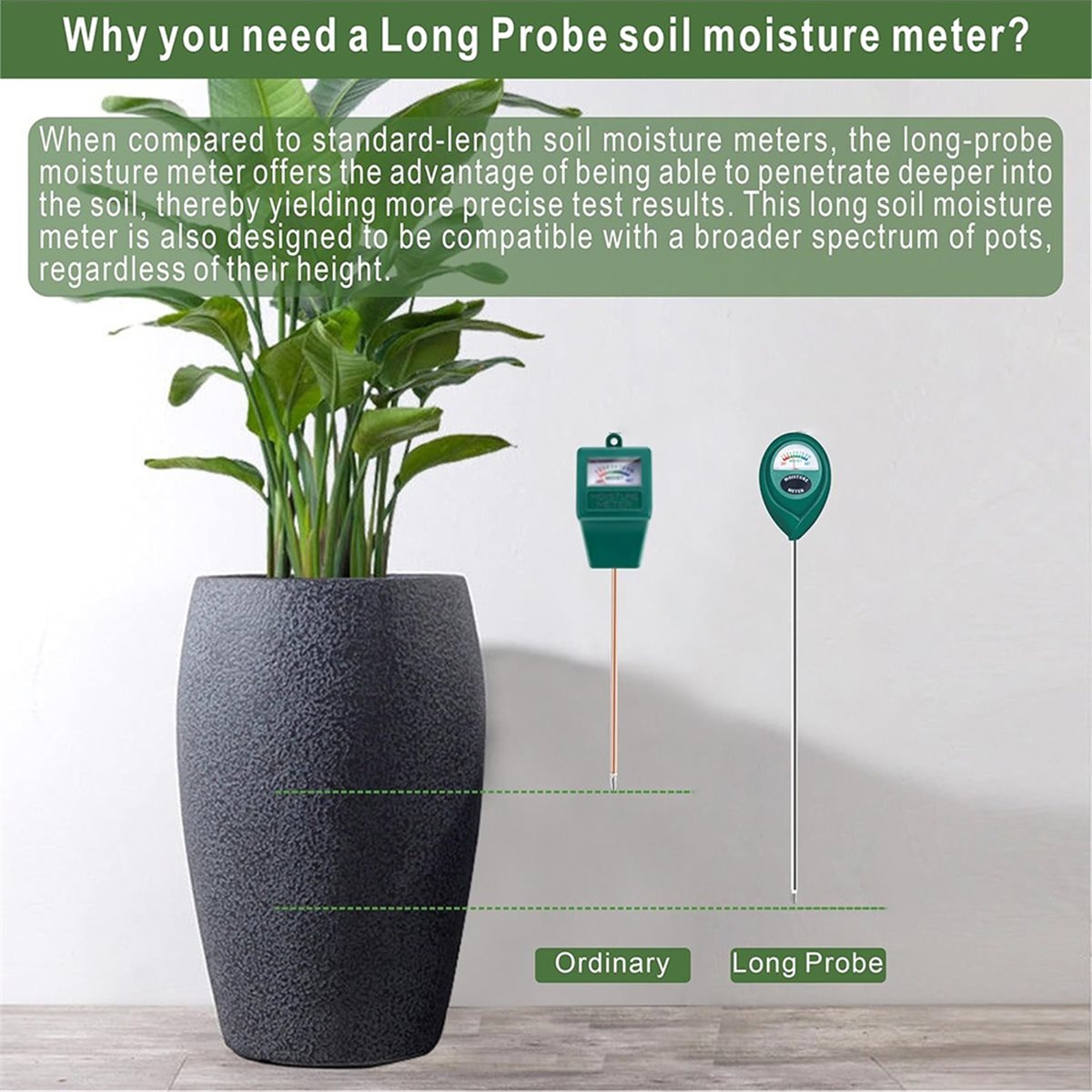 Plant Sensor - เครื่องวัดความชื้นในดินแบบหัววัดยาว LNHF, เซ็นเซอร์แสดงระดับน้ำ, ไฮโกรมิเตอร์สำหรับต้นไม้ในกระถางขนาดใหญ่ทั้งในร่มและกลางแจ้ง