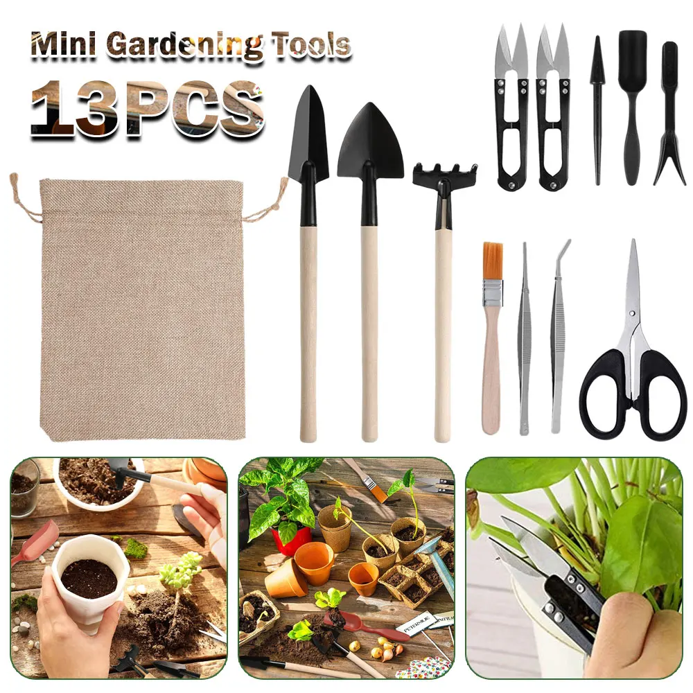 Indoor Garden Kit - ชุดเครื่องมือปลูกพืชอวบน้ำ13ชิ้นสำหรับปลูกในบ้านและสวนในร่มเครื่องมือปลูกกระบองเพชรสีดำ